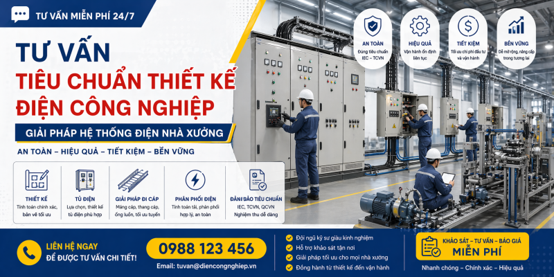 Banner CTA tư vấn tiêu chuẩn thiết kế điện công nghiệp và giải pháp hệ thống điện nhà xưởng