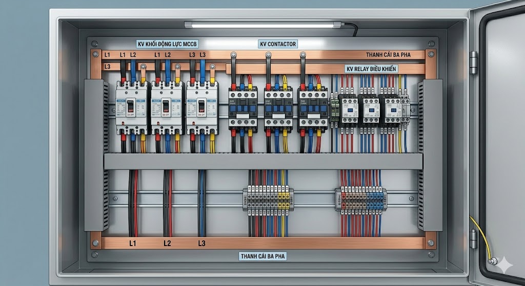 Minh họa bố trí thiết bị trong tủ điện công nghiệp với MCCB, contactor, relay, máng đi dây và thanh cái
