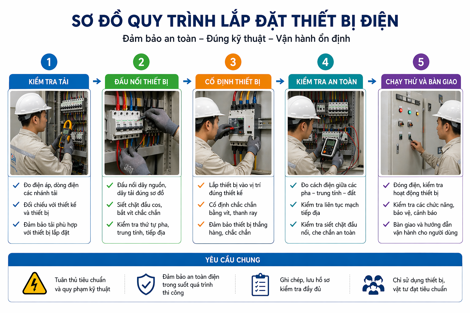 Sơ đồ quy trình lắp đặt thiết bị điện gồm kiểm tra tải, đấu nối, cố định thiết bị, kiểm tra an toàn và chạy thử