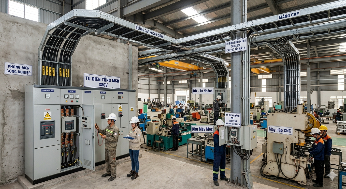 Tiêu chuẩn thiết kế điện công nghiệp: Những nguyên tắc cần nắm trước khi triển khai 2 Sơ đồ thiết kế điện công nghiệp gồm tủ điện tổng, tủ nhánh, dây cáp, máng cáp và khu máy móc ( Tiêu chuẩn thiết kế điện )