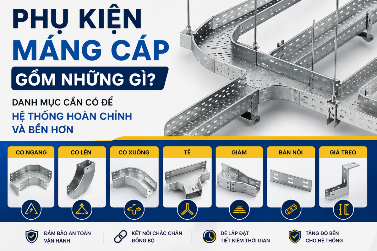 Phụ kiện máng cáp gồm những gì? Danh mục cần có để hệ thống hoàn chỉnh và bền hơn 1 Phụ kiện máng cáp gồm những gì? Danh mục cần có để hệ thống hoàn chỉnh và bền hơn