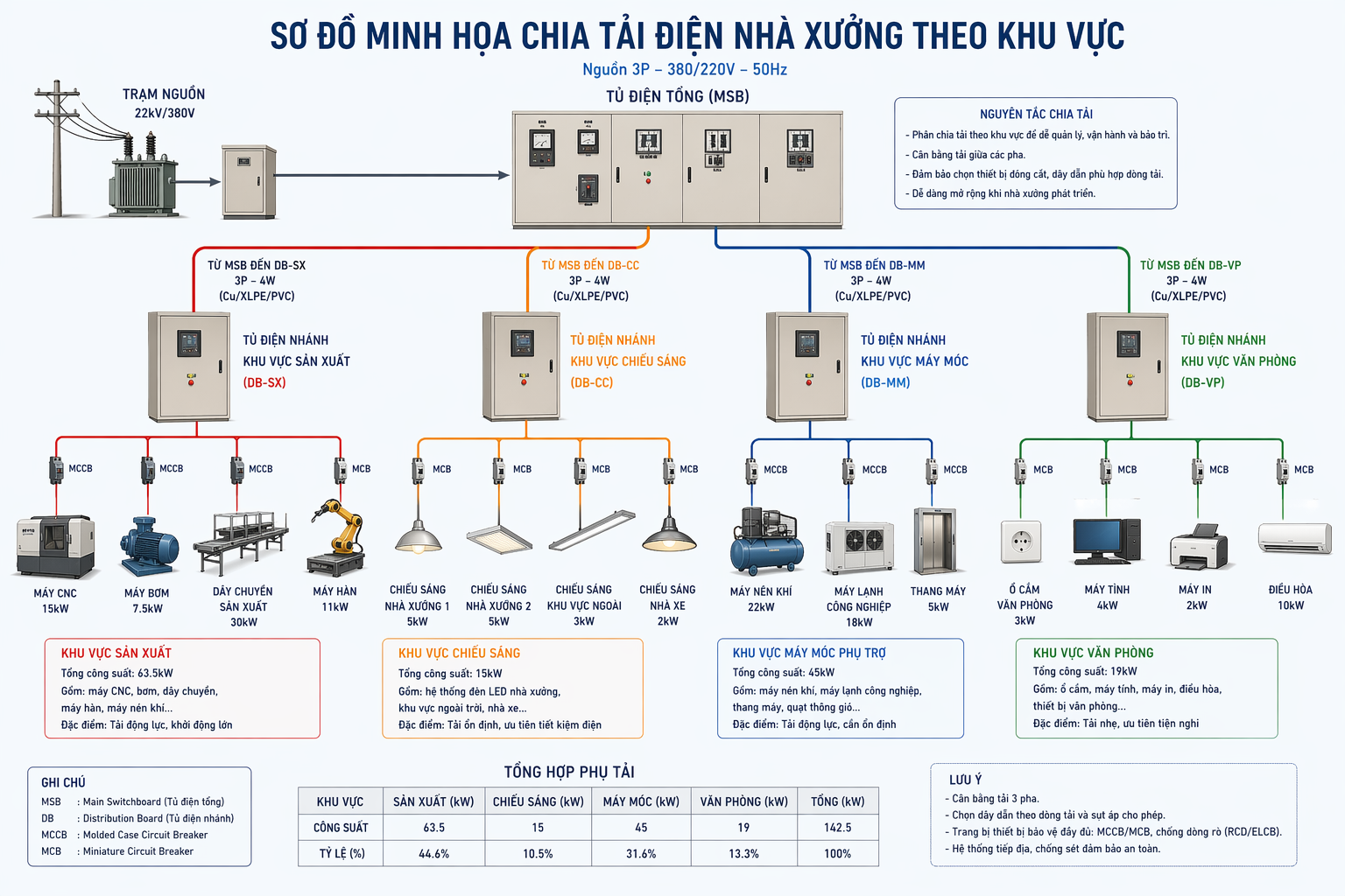 Hình minh họa chia tải điện nhà xưởng theo khu vực sản xuất, chiếu sáng, máy móc và văn phòng