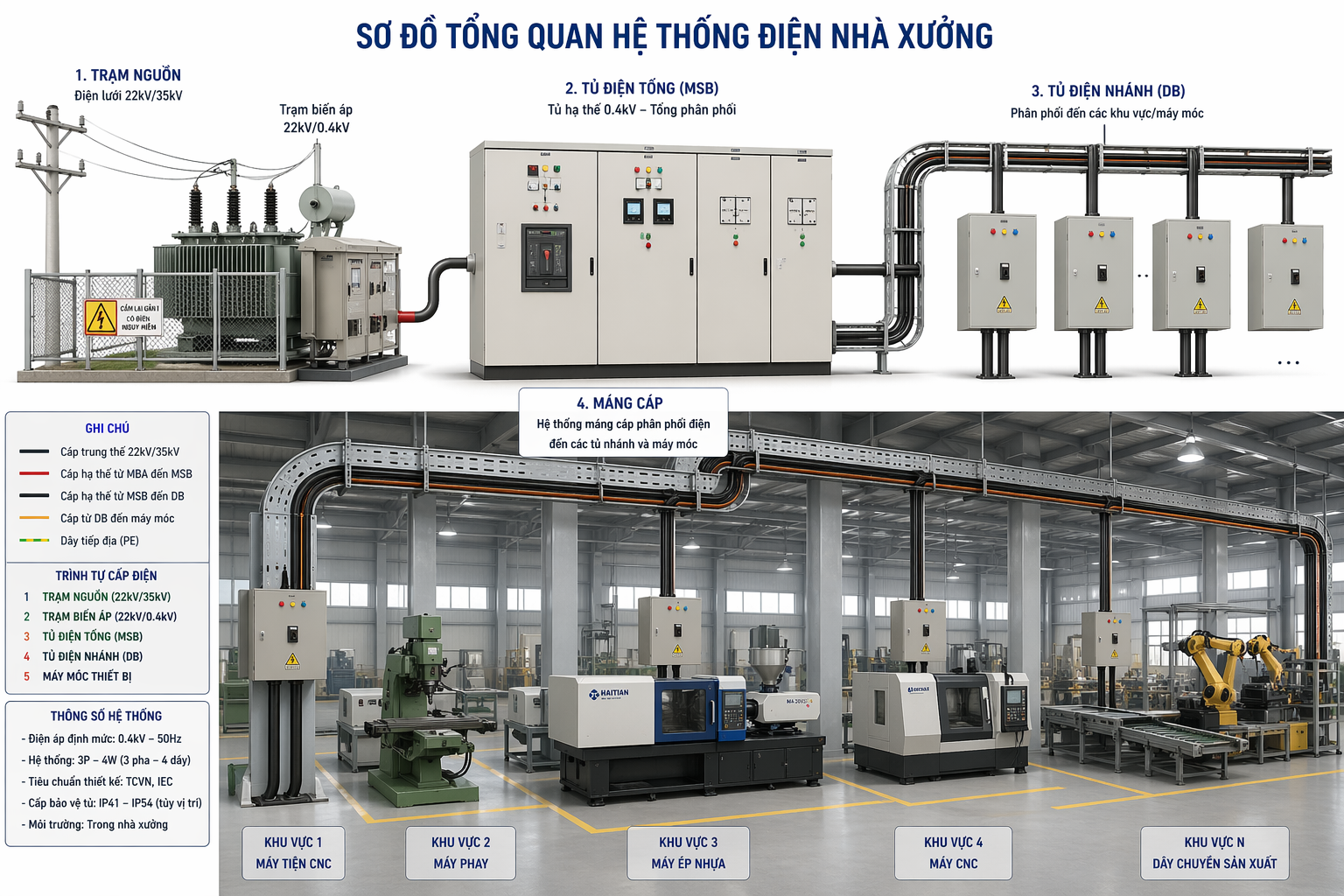 Sơ đồ tổng quan hệ thống điện nhà xưởng gồm trạm nguồn, tủ điện tổng, tủ nhánh, máng cáp và máy móc ( Thiết kế điện nhà xưởng ) 