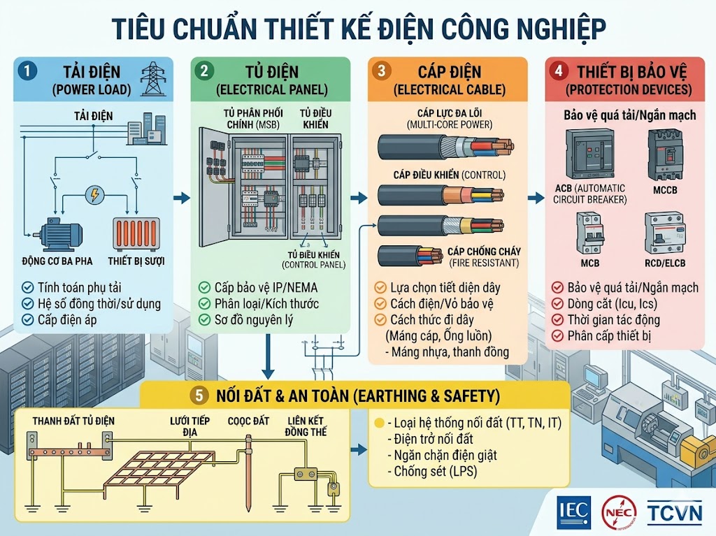 Tiêu chuẩn thiết kế điện công nghiệp: Những nguyên tắc cần nắm trước khi triển khai 3 Minh họa các tiêu chuẩn thiết kế điện công nghiệp gồm tải điện, tủ điện, cáp điện, thiết bị bảo vệ và nối đất