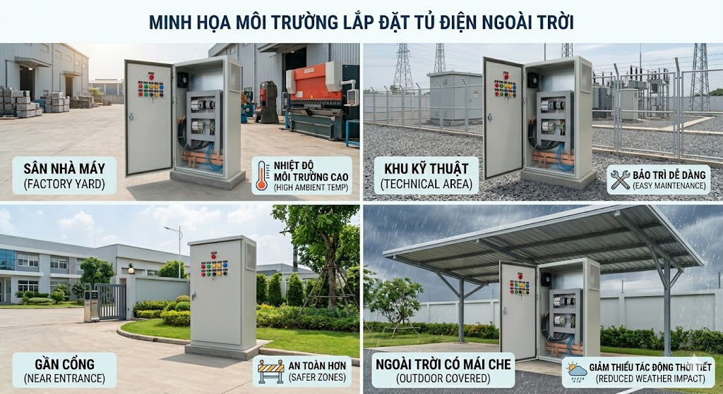 Minh họa các môi trường lắp đặt tủ điện ngoài trời như sân nhà máy, khu kỹ thuật, gần cổng và ngoài trời có mái che