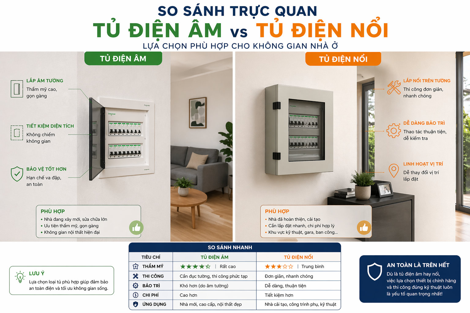 So sánh trực quan tủ điện âm và tủ điện nổi trong không gian nhà ở ( ủ điện trong nhà ) 