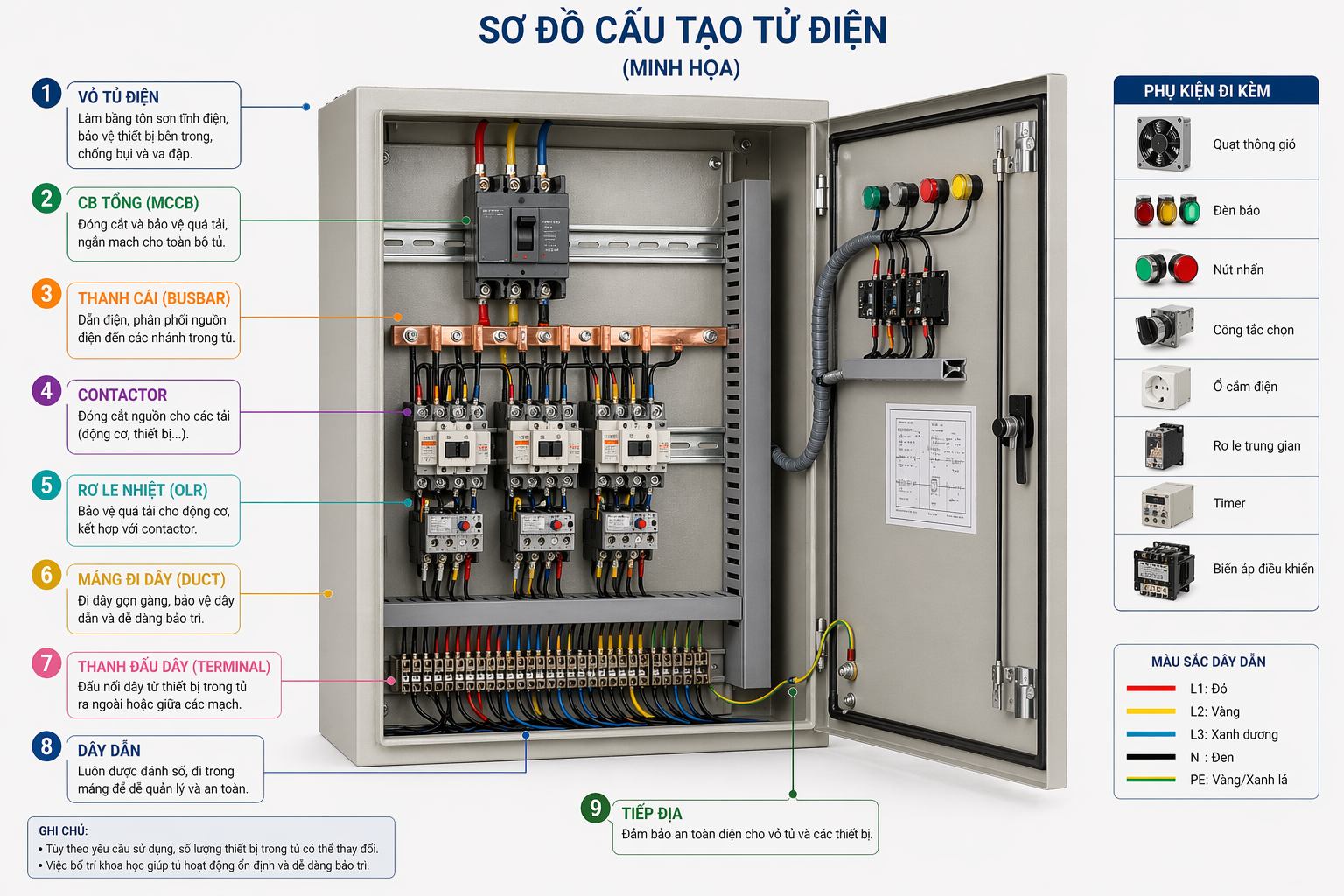 Sơ đồ cấu tạo tủ điện với chú thích vỏ tủ, CB, contactor, thanh cái, máng đi dây và phụ kiện
