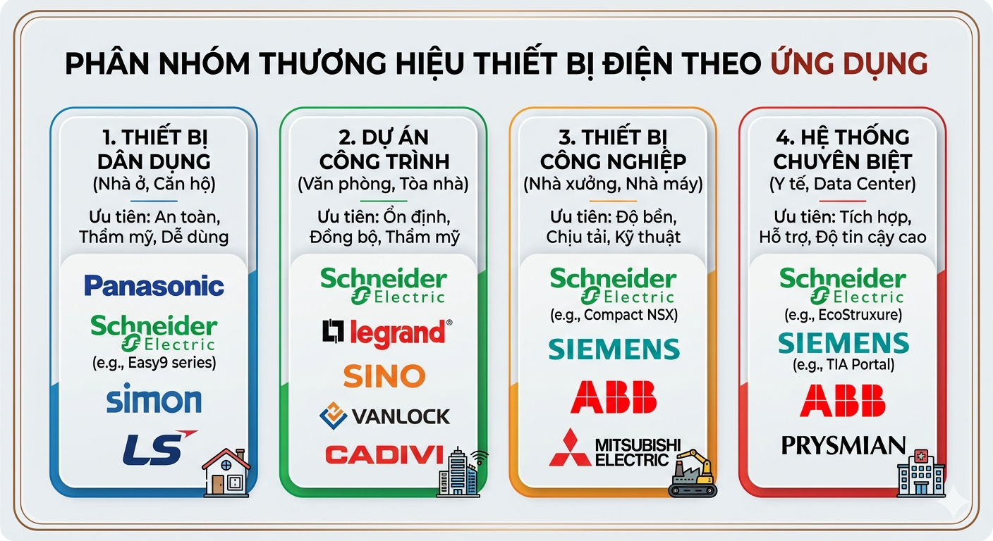 phân nhóm thương hiệu thiết bị điện theo dân dụng, công trình, công nghiệp, chuyên biệt