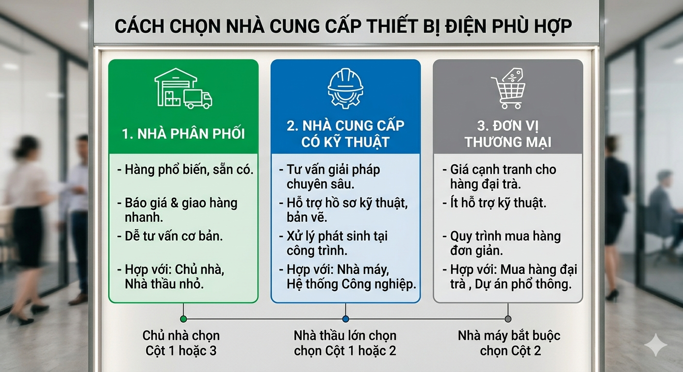 Bảng so sánh ngắn giữa nhà phân phối, nhà cung cấp có kỹ thuật và đơn vị chỉ bán thương mại