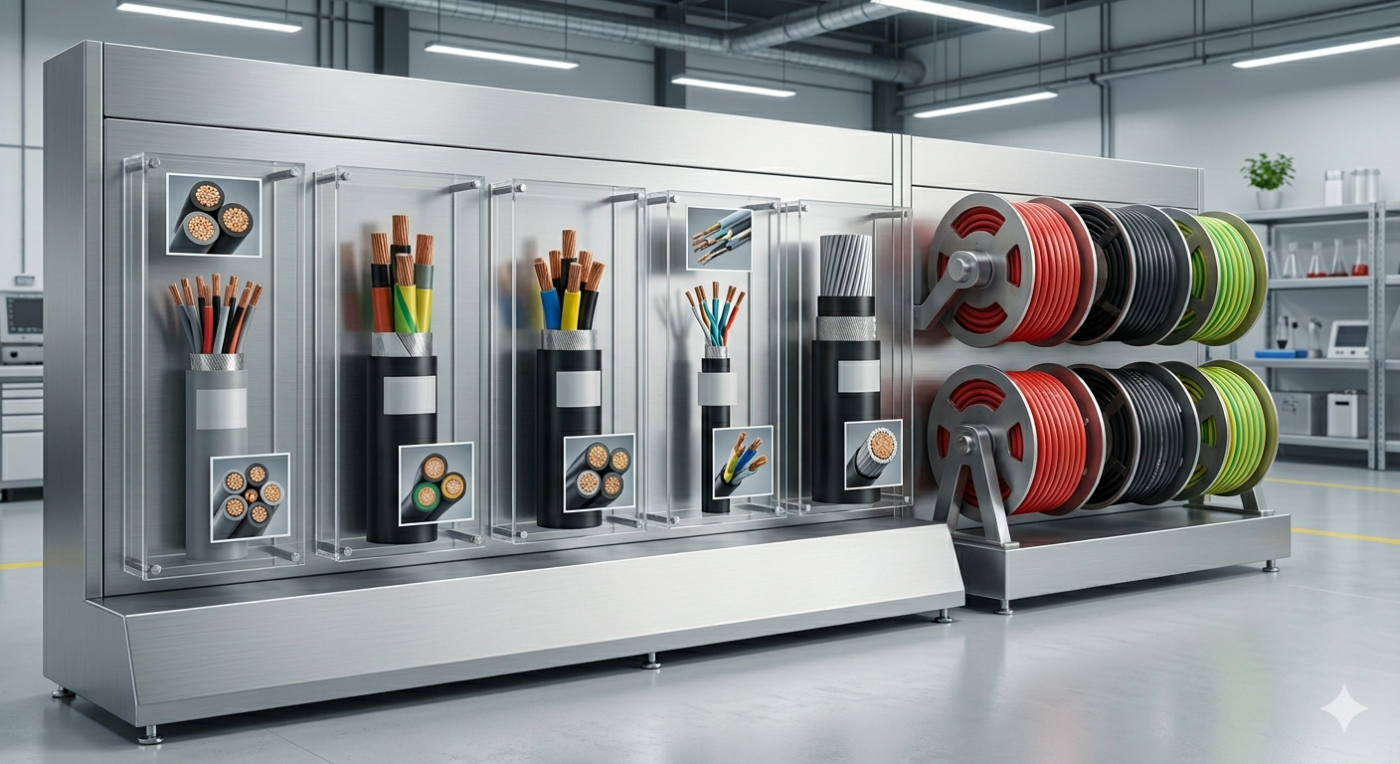 Các loại cáp điện công nghiệp cuộn tròn hoặc cắt mặt cắt lõi, thể hiện nhiều lõi và nhiều tiết diện