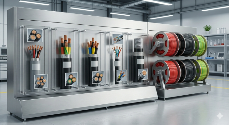 Các loại cáp điện công nghiệp cuộn tròn hoặc cắt mặt cắt lõi, thể hiện nhiều lõi và nhiều tiết diện