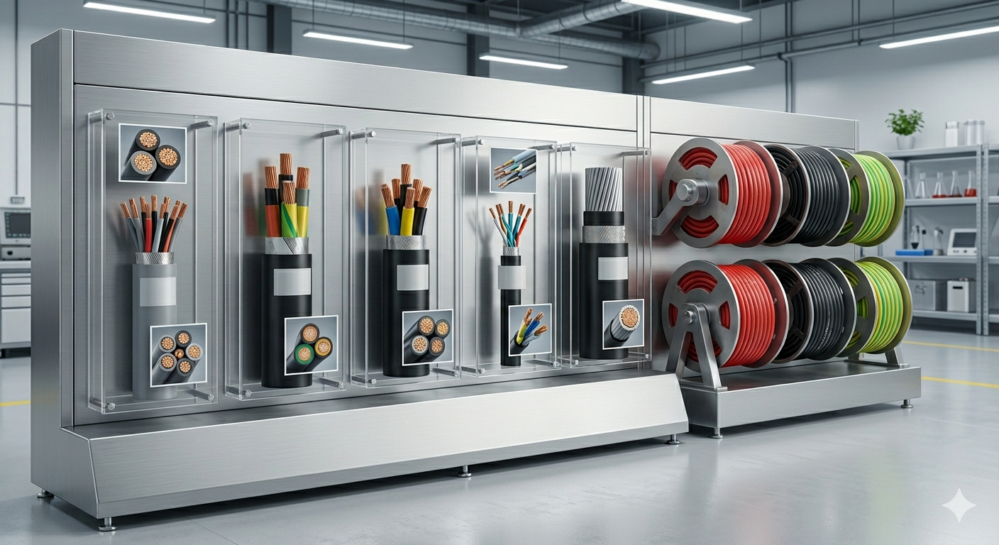 Các loại cáp điện công nghiệp cuộn tròn hoặc cắt mặt cắt lõi, thể hiện nhiều lõi và nhiều tiết diện