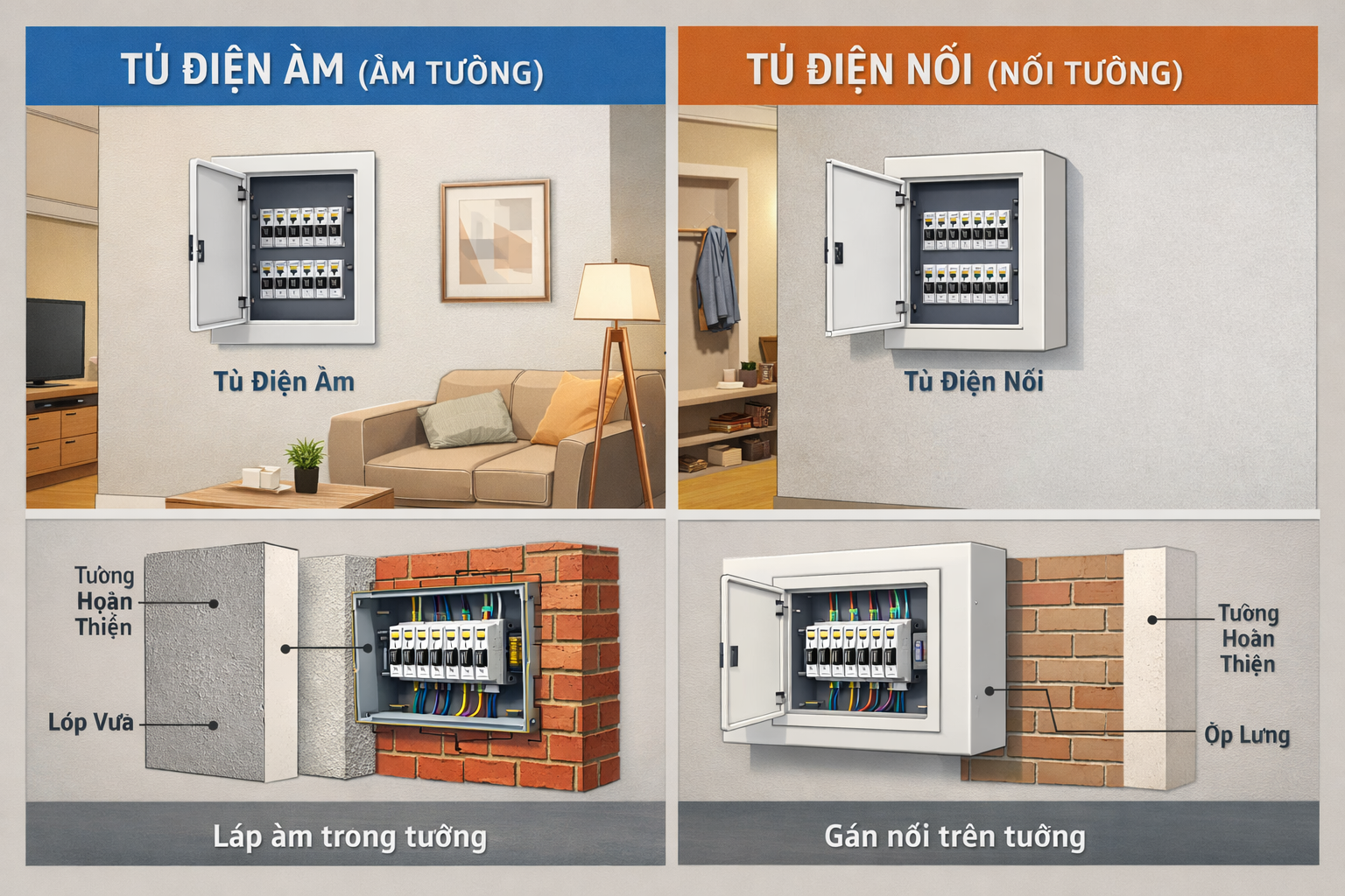 Hình minh họa cấu tạo lắp đặt tủ điện âm trong tường và tủ điện nổi gắn trên bề mặt tường.