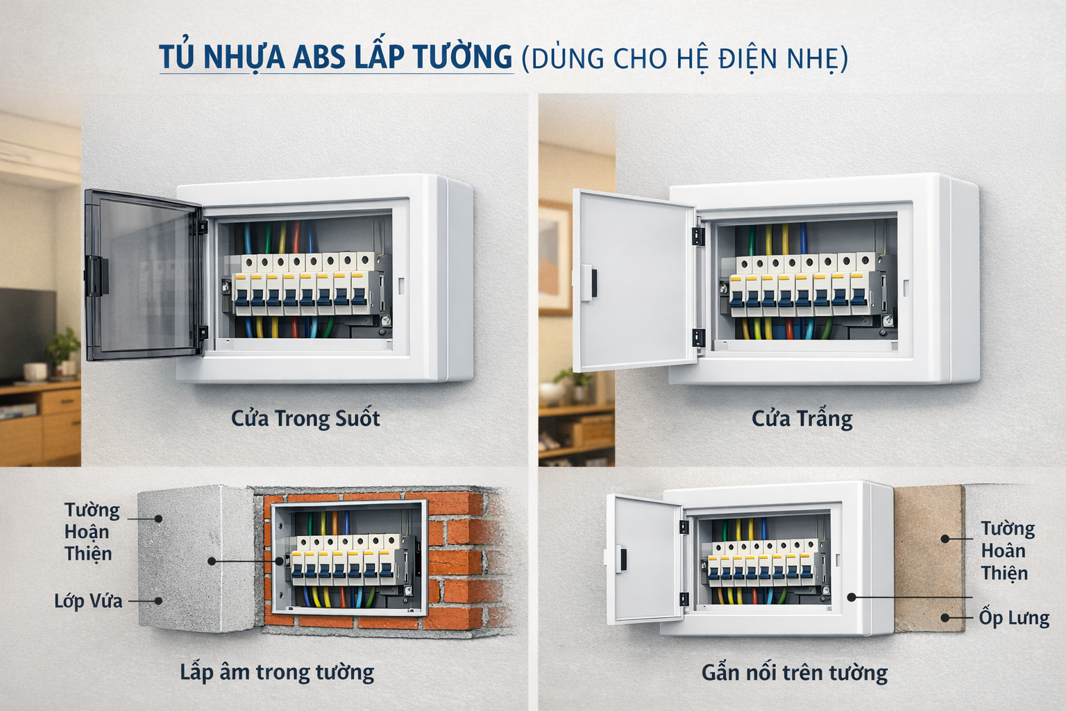 Tủ nhựa ABS lắp tường, thiết kế gọn, cửa trong suốt hoặc cửa trắng, dùng cho hệ điện nhẹ.