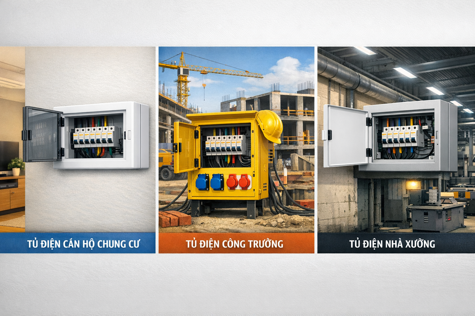 Minh họa ba nhóm ứng dụng: tủ điện căn hộ chung cư, tủ điện công trường và tủ điện nhà xưởng
