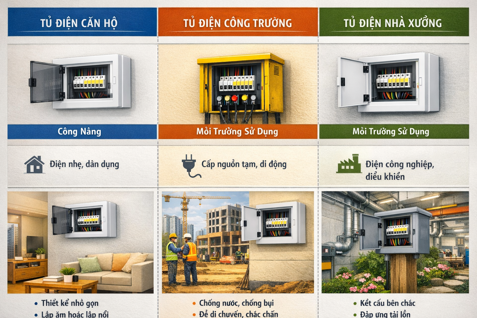 Hình so sánh tủ điện căn hộ, tủ điện công trường và tủ điện nhà xưởng theo công năng và môi trường sử dụng