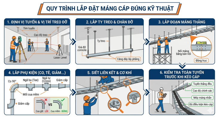 Quy trình lắp đặt máng cáp từ định vị tuyến, treo ty, lắp máng, gắn phụ kiện đến kiểm tra hoàn thiện