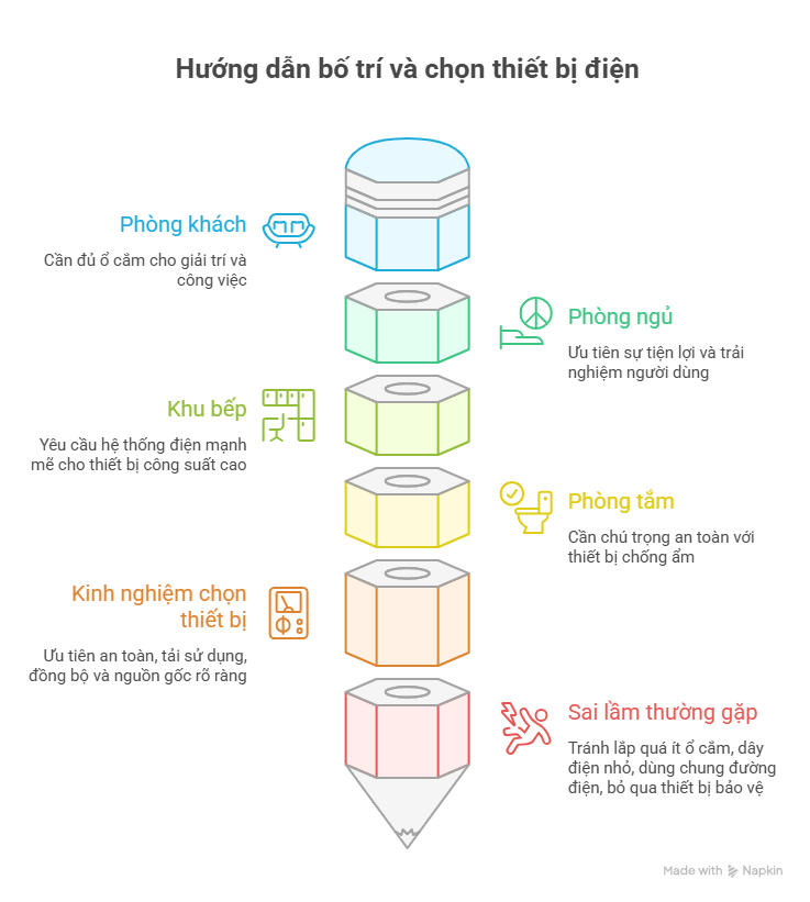 Sơ đồ đơn giản các thiết bị điện trong nhà theo từng khu vực như phòng khách, bếp, phòng ngủ, phòng tắm