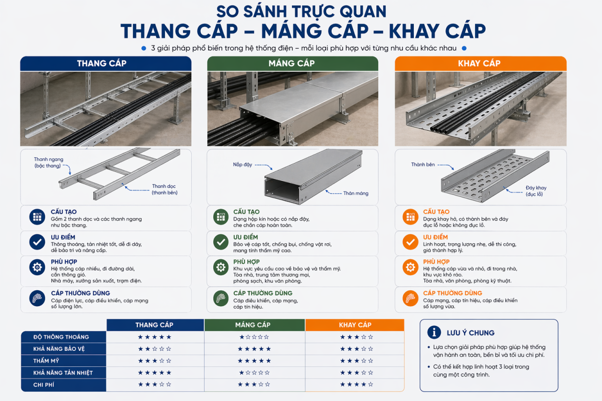 So sánh trực quan thang cáp, máng cáp và khay cáp đặt cạnh nhau