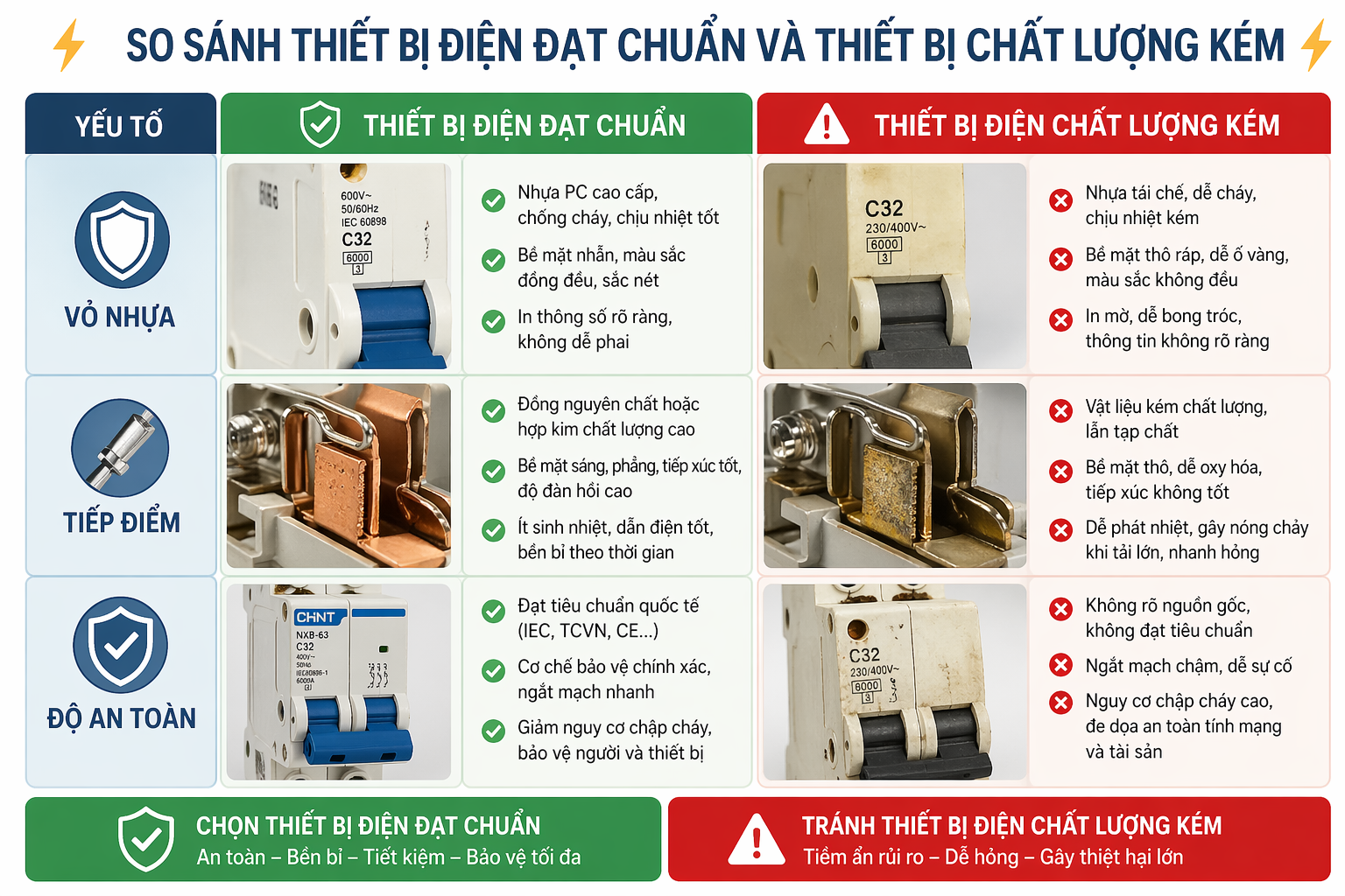 Hình so sánh nhanh thiết bị điện đạt chuẩn và thiết bị chất lượng kém qua các yếu tố như vỏ nhựa, tiếp điểm, độ an toàn