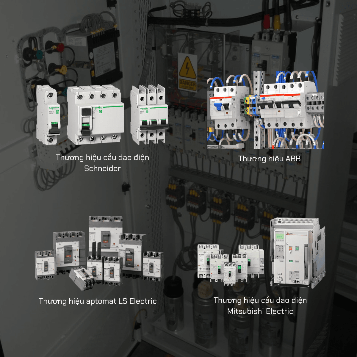 Tổng hợp nhiều thương hiệu thiết bị điện với công tắc, aptomat, tủ điện, dây cáp.]