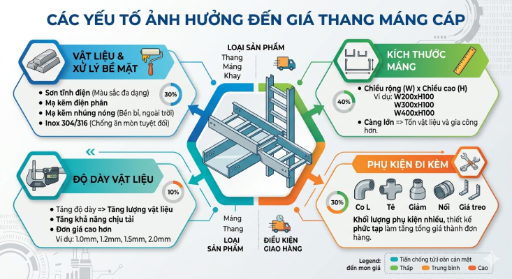 các yếu tố ảnh hưởng đến giá thang máng cáp như vật liệu, độ dày, kích thước và phụ kiện