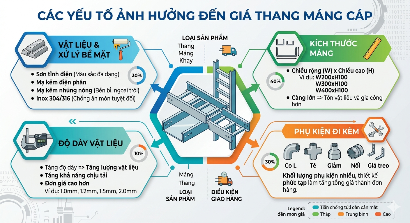 các yếu tố ảnh hưởng đến giá thang máng cáp như vật liệu, độ dày, kích thước và phụ kiện