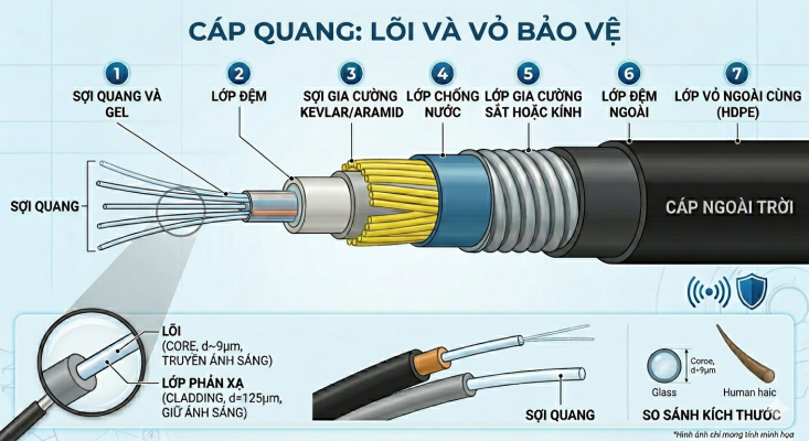 cáp quang cắt lớp, thấy lõi sợi quang và lớp vỏ bảo vệ