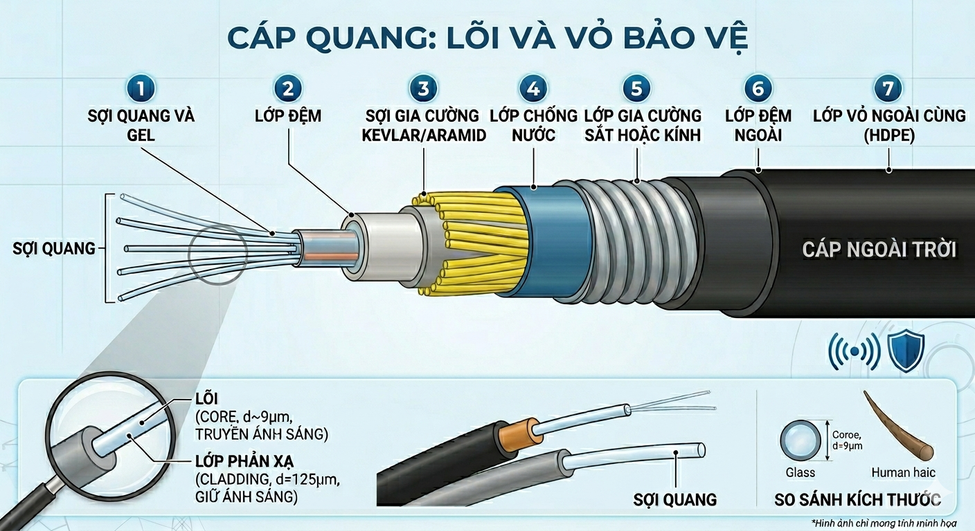 cáp quang cắt lớp, thấy lõi sợi quang và lớp vỏ bảo vệ
