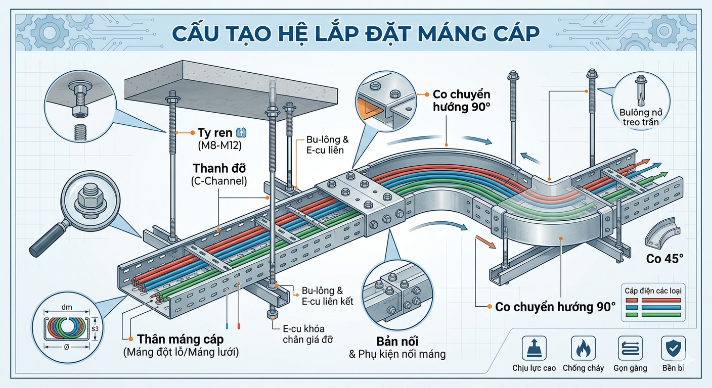 cấu tạo hệ lắp đặt máng cáp gồm ty ren, thanh đỡ, thân máng, bản nối và co chuyển hướng