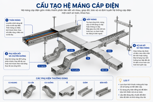 cấu tạo hệ máng cáp điện gồm thân máng, nắp máng, co, tê, giảm và giá đỡ