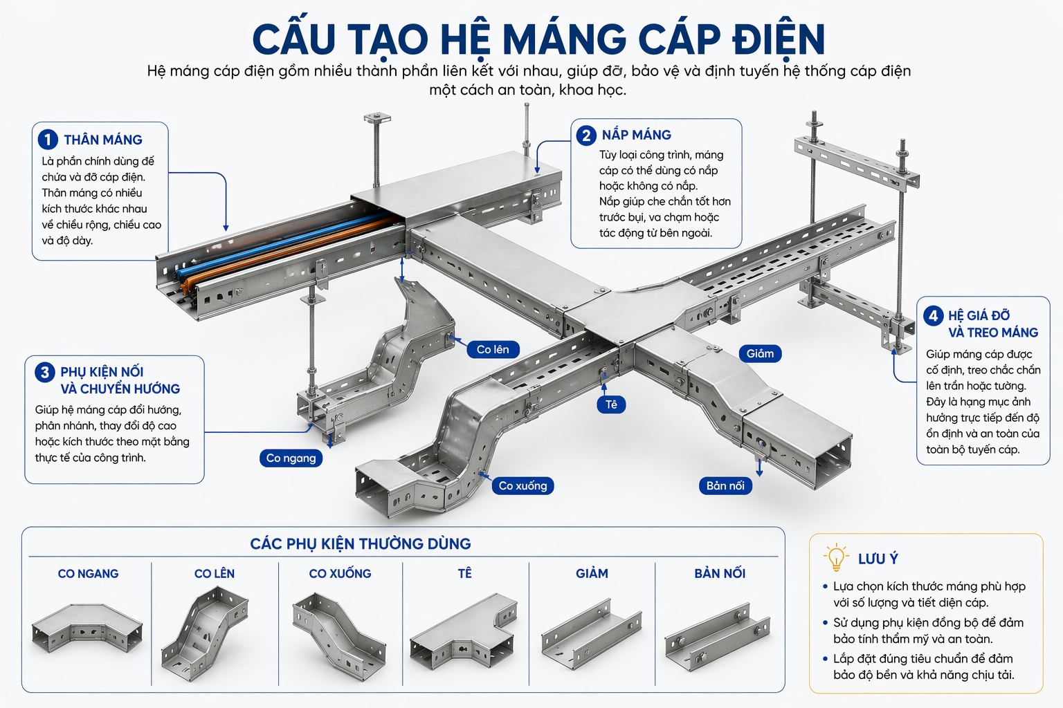 cấu tạo hệ máng cáp điện gồm thân máng, nắp máng, co, tê, giảm và giá đỡ