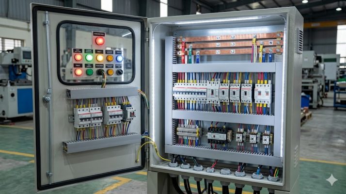 Tủ điện mở cửa với các thiết bị đóng cắt, thanh cái, dây dẫn và đèn báo bố trí gọn bên trong ( tủ điện ) 