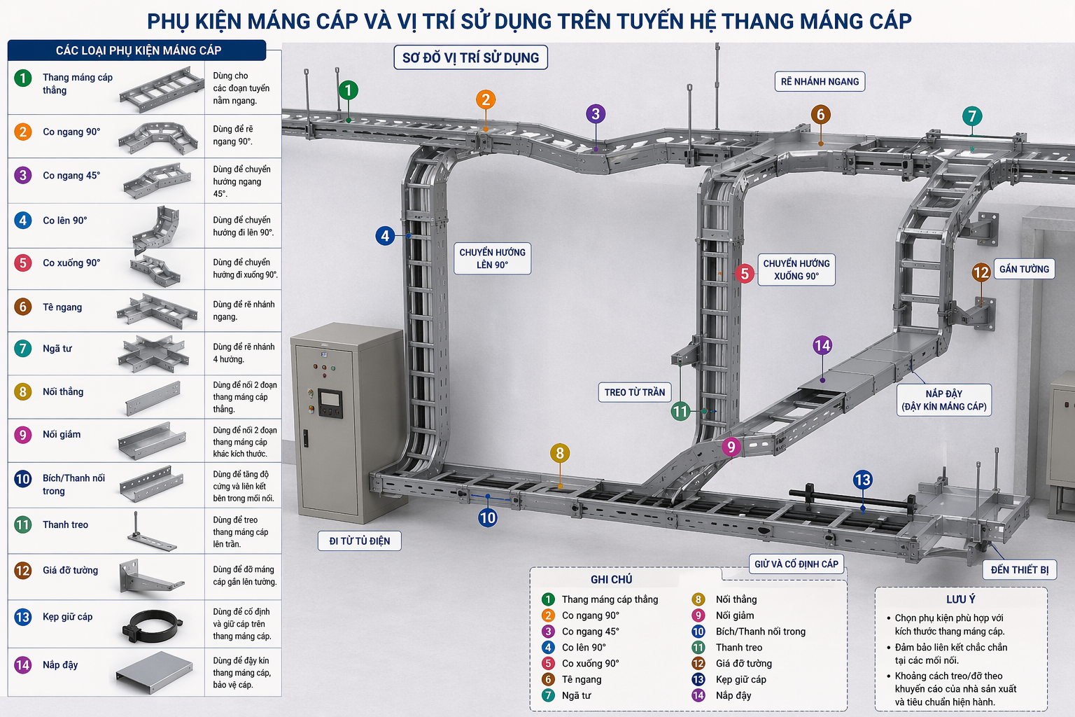 Hình minh họa từng loại phụ kiện máng cáp và vị trí sử dụng trên một tuyến hệ thang máng cáp
