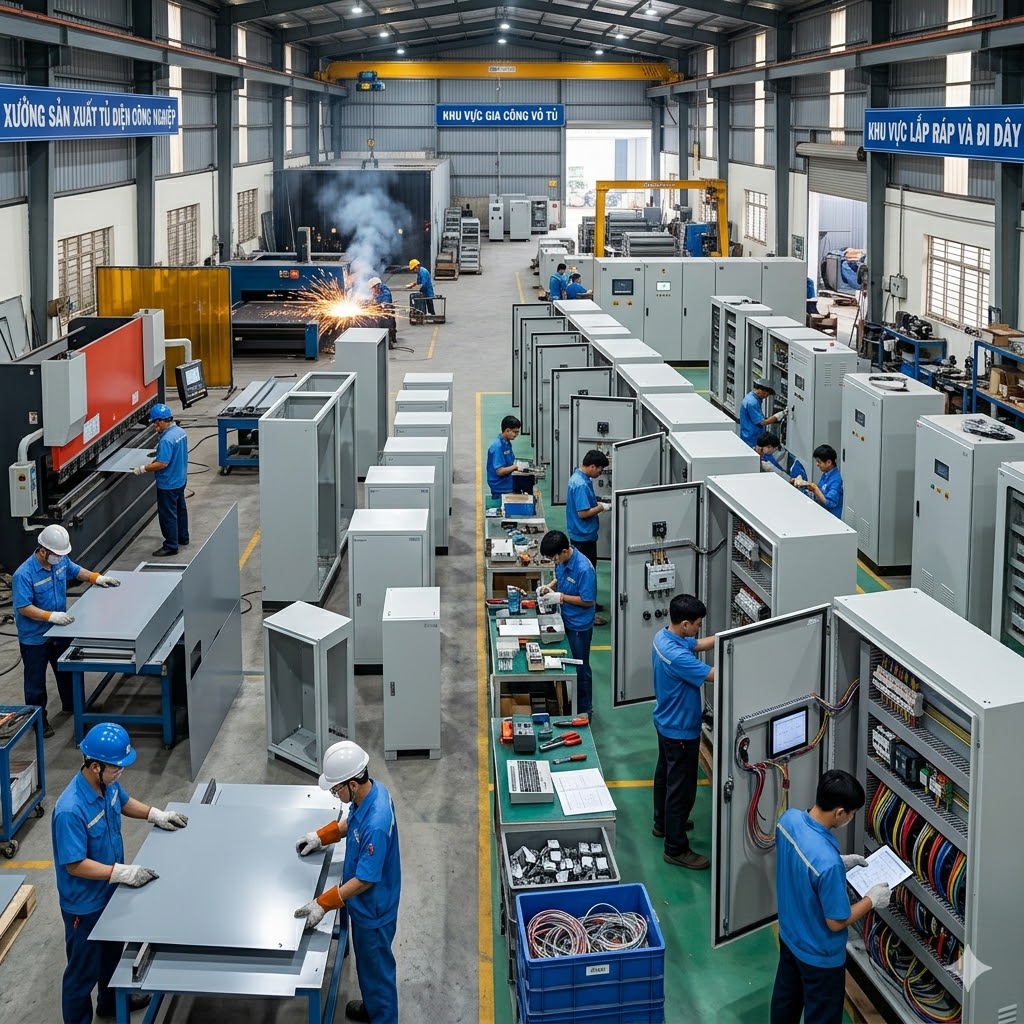 Xưởng sản xuất tủ điện với công nhân gia công vỏ tủ, lắp thiết bị và đi dây bên trong