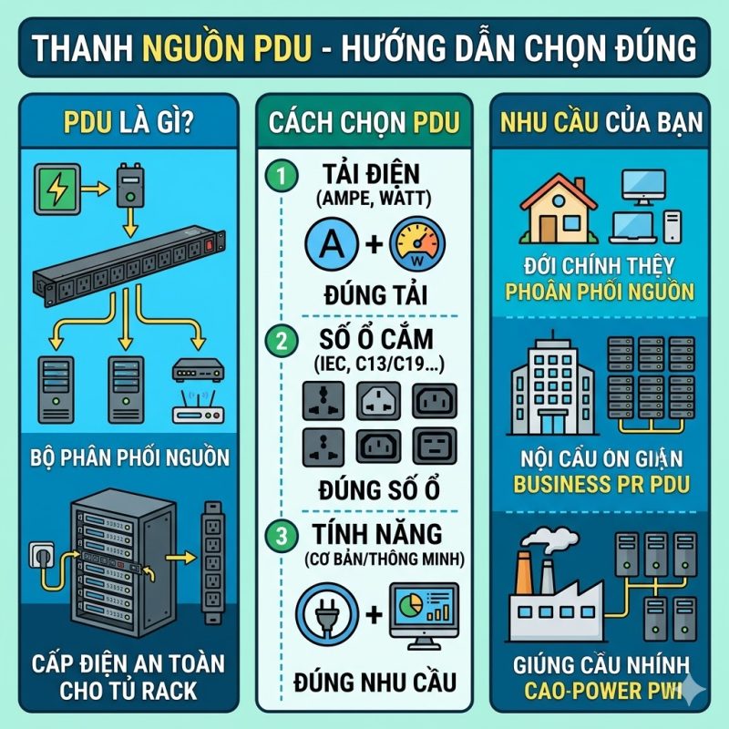 Thanh nguồn PDU là gì? Cách chọn PDU tủ rack đúng tải, đúng số ổ và đúng nhu cầu