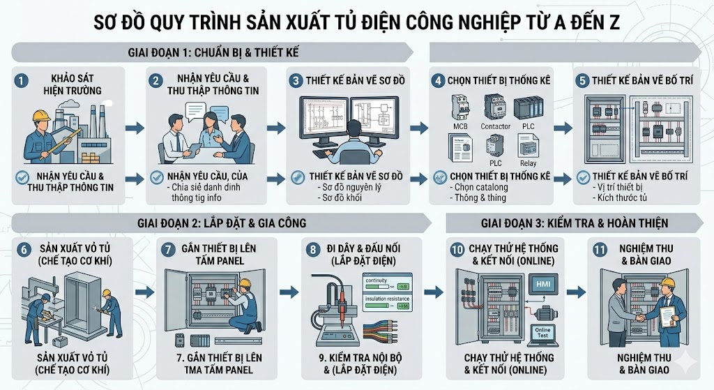 Sơ đồ quy trình sản xuất tủ điện từ khảo sát, thiết kế, gia công vỏ, lắp thiết bị đến kiểm tra hoàn thiện