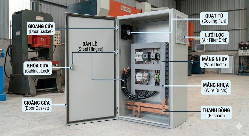 Minh họa cấu tạo tủ điện với khóa, bản lề, gioăng cửa, quạt, lưới lọc, máng nhựa và thanh đồng