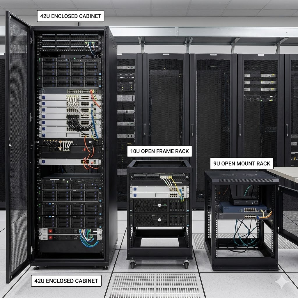So sánh trực quan tủ rack 42U, 10U và 9U đặt cạnh nhau cùng các thiết bị mạng, server ( kích thước tủ rack 42U ) 
