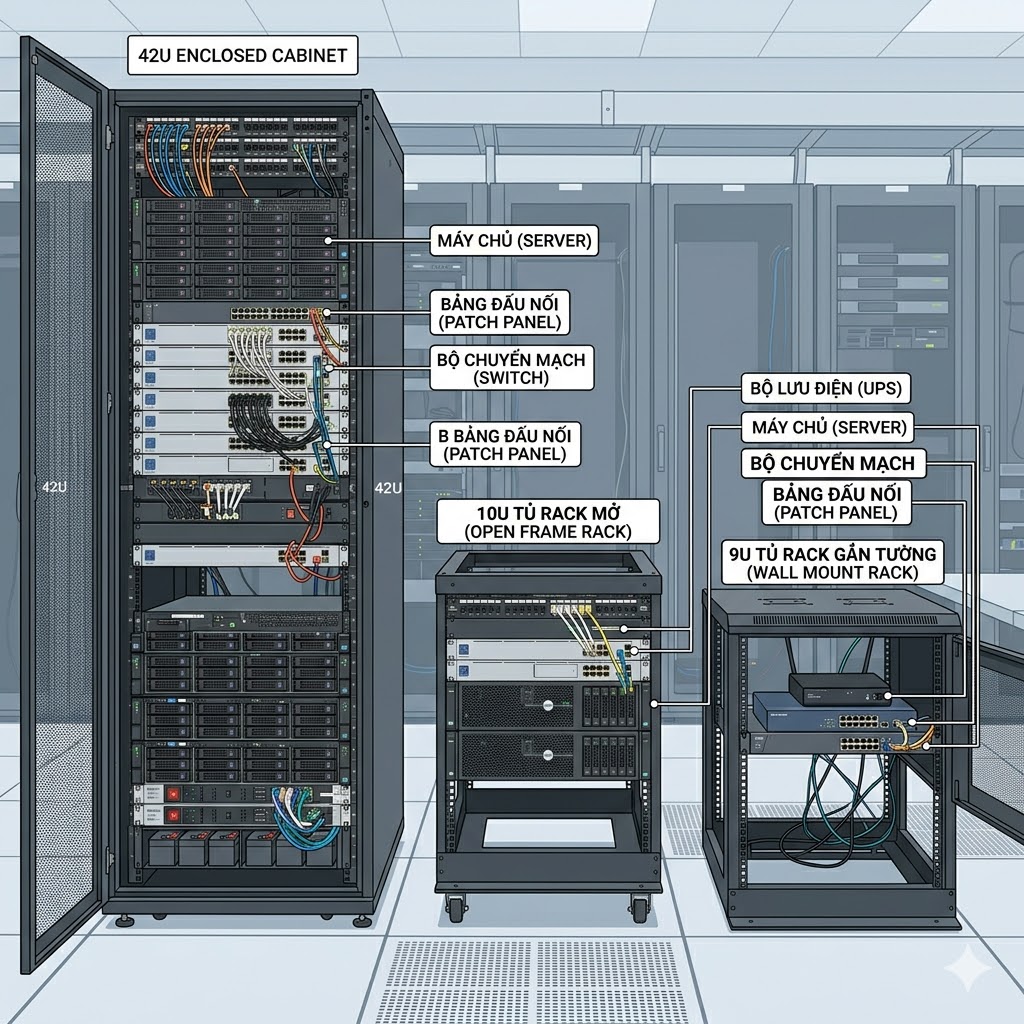 Hình minh họa thiết bị lắp bên trong tủ rack 42U, 10U và 9U gồm switch, patch panel, server, UPS