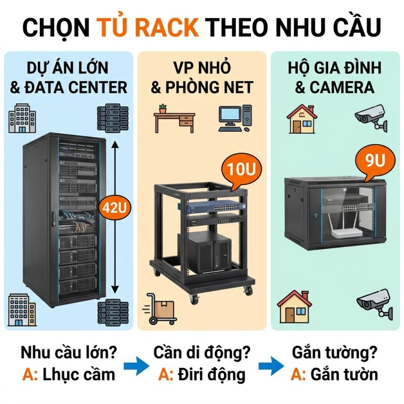 Kích thước tủ rack 42U, 10U, 9U: Chọn thế nào cho đúng nhu cầu thực tế?