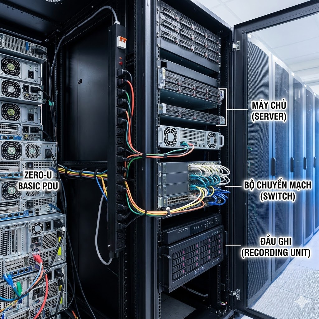 Thanh nguồn PDU gắn dọc trong tủ rack, cấp nguồn cho switch, server và đầu ghi