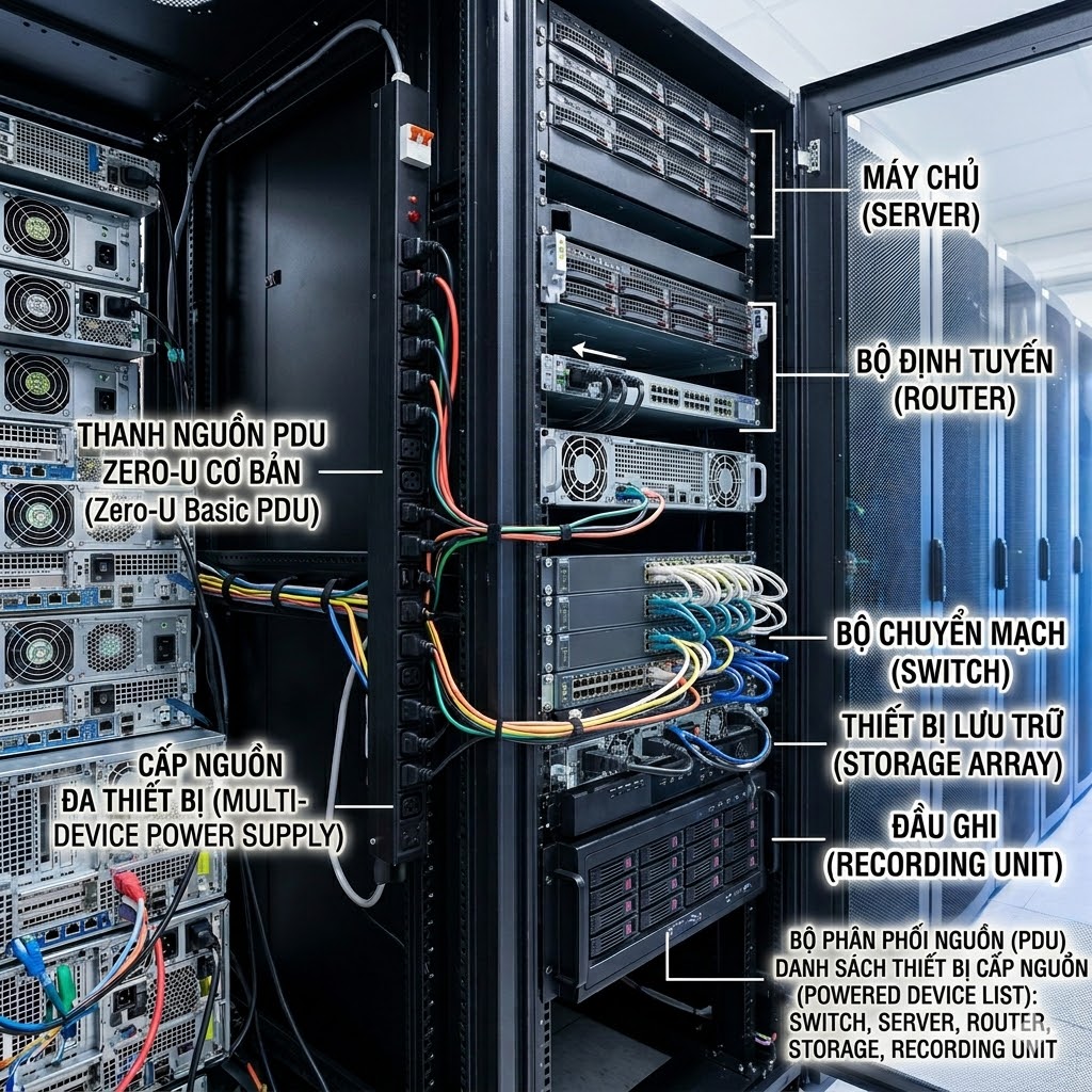 Minh họa PDU cấp nguồn cho các thiết bị trong tủ rack như switch, server, đầu ghi và router