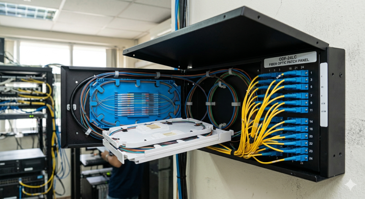 hộp phối quang ODF mở nắp, thấy khay hàn quang, adapter và dây nhảy quang