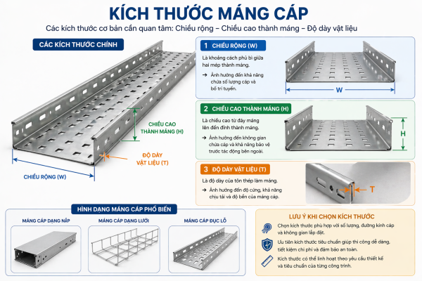 kích thước máng cáp gồm chiều rộng, chiều cao thành máng và độ dày vật liệu
