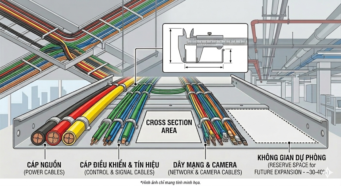 máng cáp với nhiều loại cáp bên trong, thể hiện chọn đúng kích thước và chừa khoảng trống dự phòng
