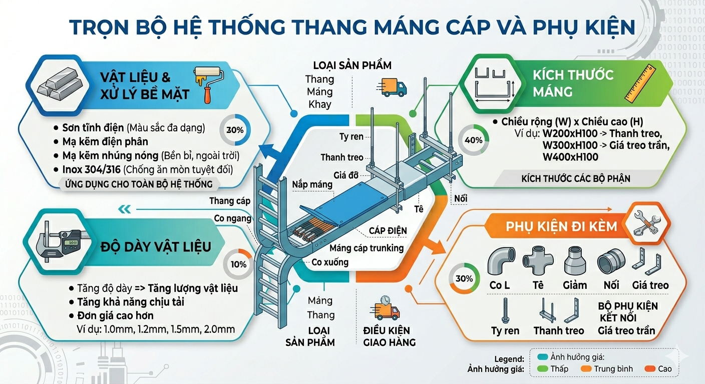 một bộ thang máng cáp hoàn chỉnh gồm thân máng, co, tê, giảm, giá đỡ và ty treo