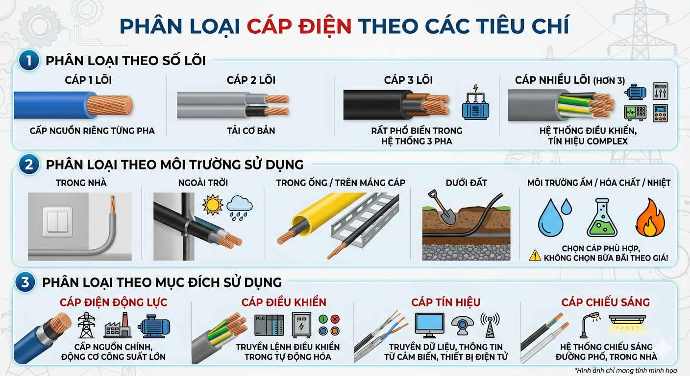 phân loại cáp điện theo số lõi, môi trường sử dụng và mục đích dùng
