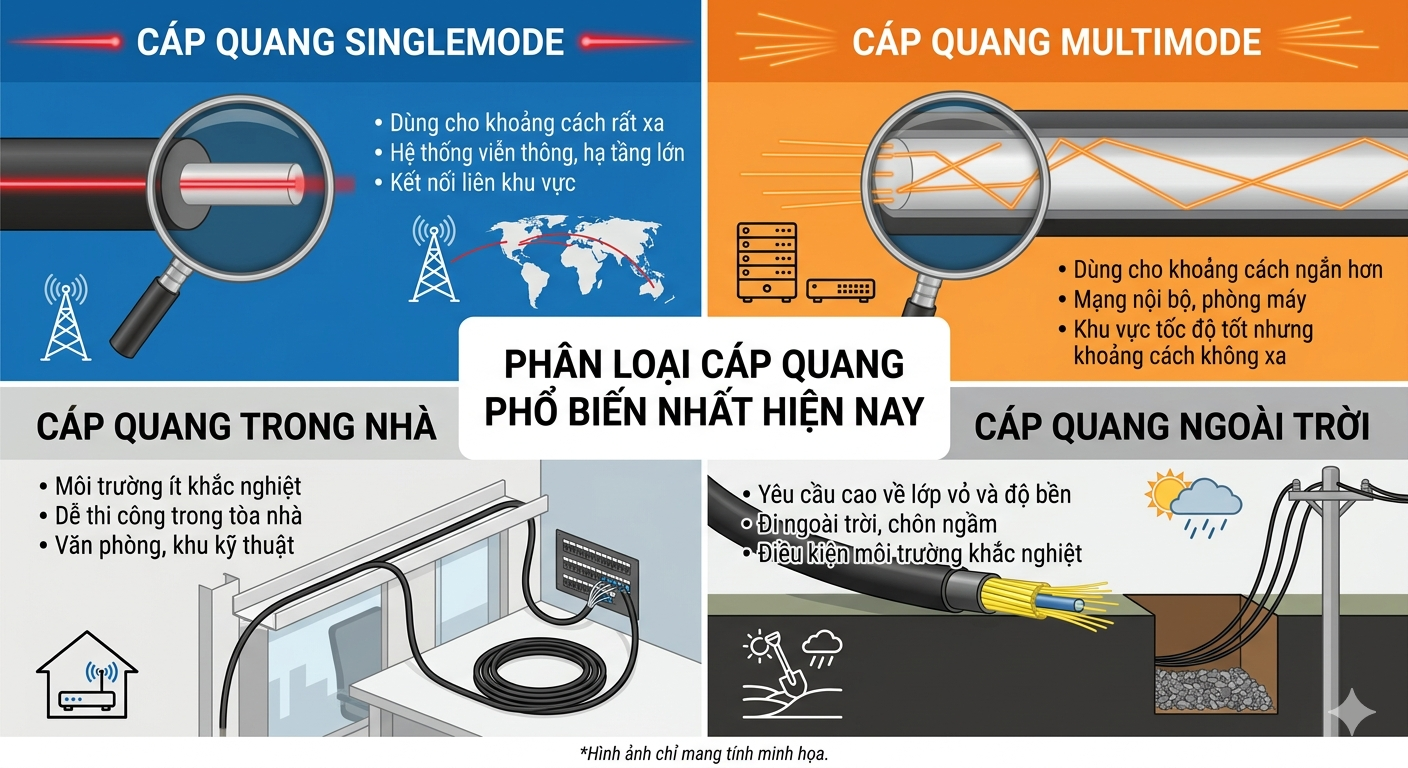 phân loại cáp quang thành singlemode, multimode, trong nhà và ngoài trời