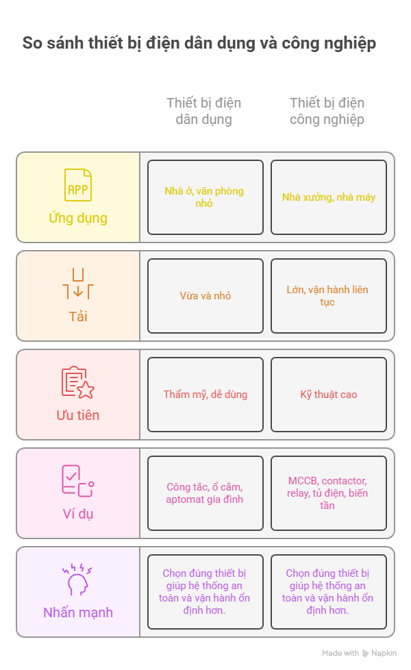phân loại thiết bị điện dân dụng và công nghiệp